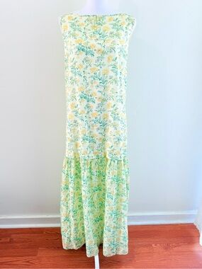 LA MAREGOLD GREEN YELLOW FLORAL PRINT SLEEVELESS RUFFLE TRIM THE ELOISE DRESS